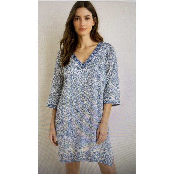 Lands' End 2x bohemian boho blue embroidered shift dress cotton midi 20w 22w XXL - Picture 1 of 12